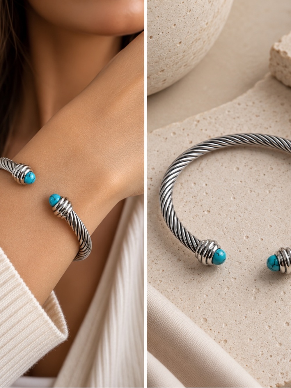 Silver Twisted Cable Cuff Bracelet Turquoise Accents